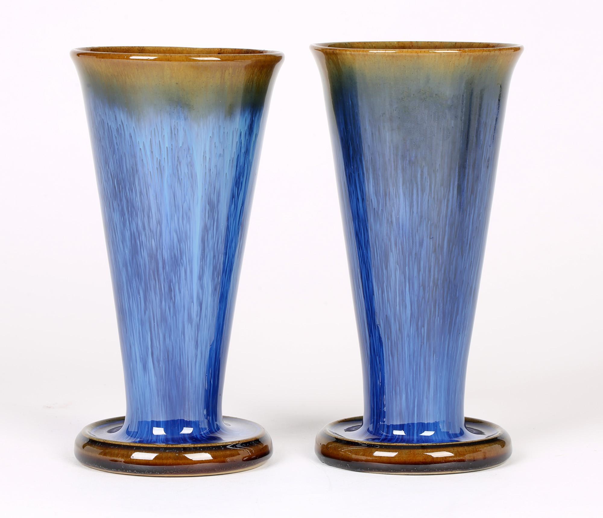 Mid-20th Century Denby Danesby Art Deco Pair Blue Streak Glazed Stoneware Vases