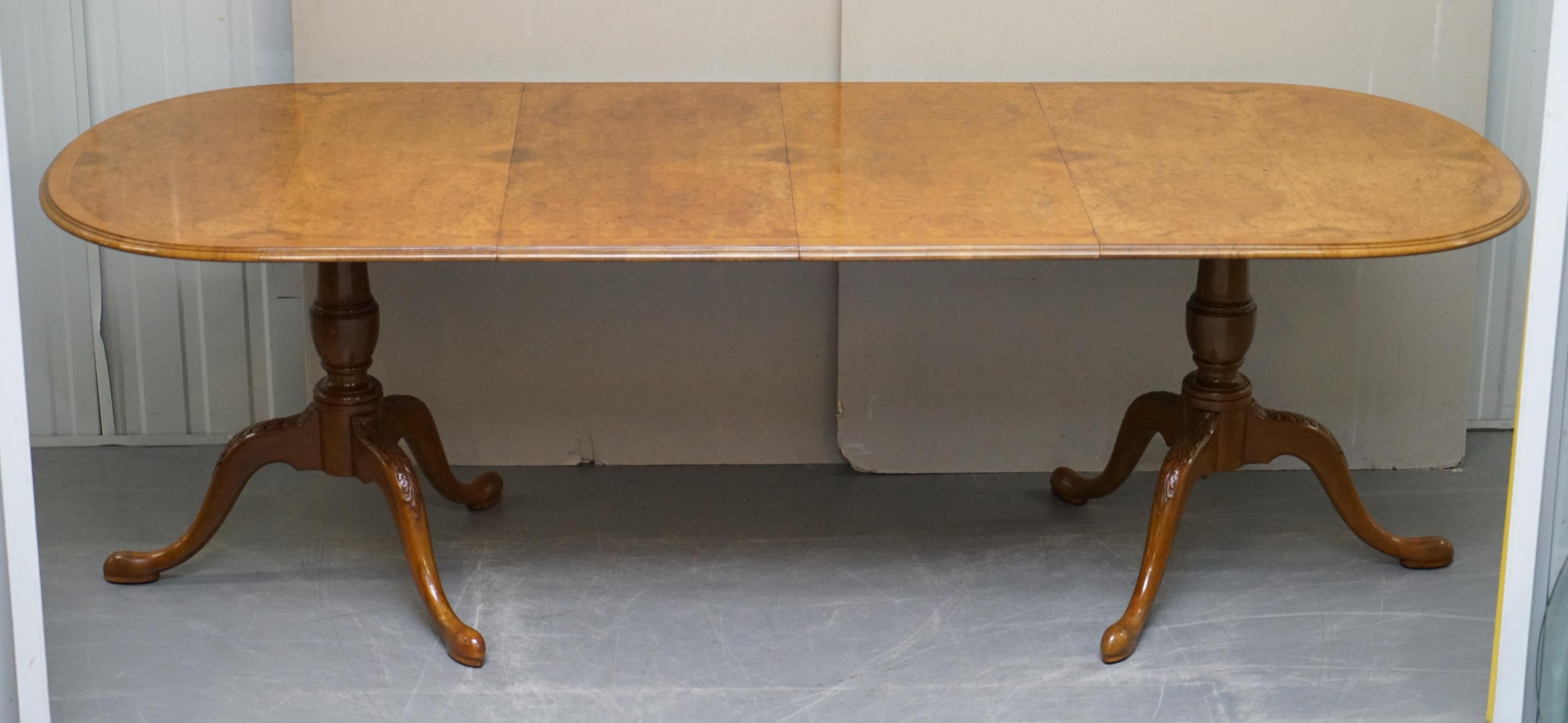 Hand-Crafted Denby & Spinks Art Deco Burr Walnut Carved Tripod Base Extending Dining Table