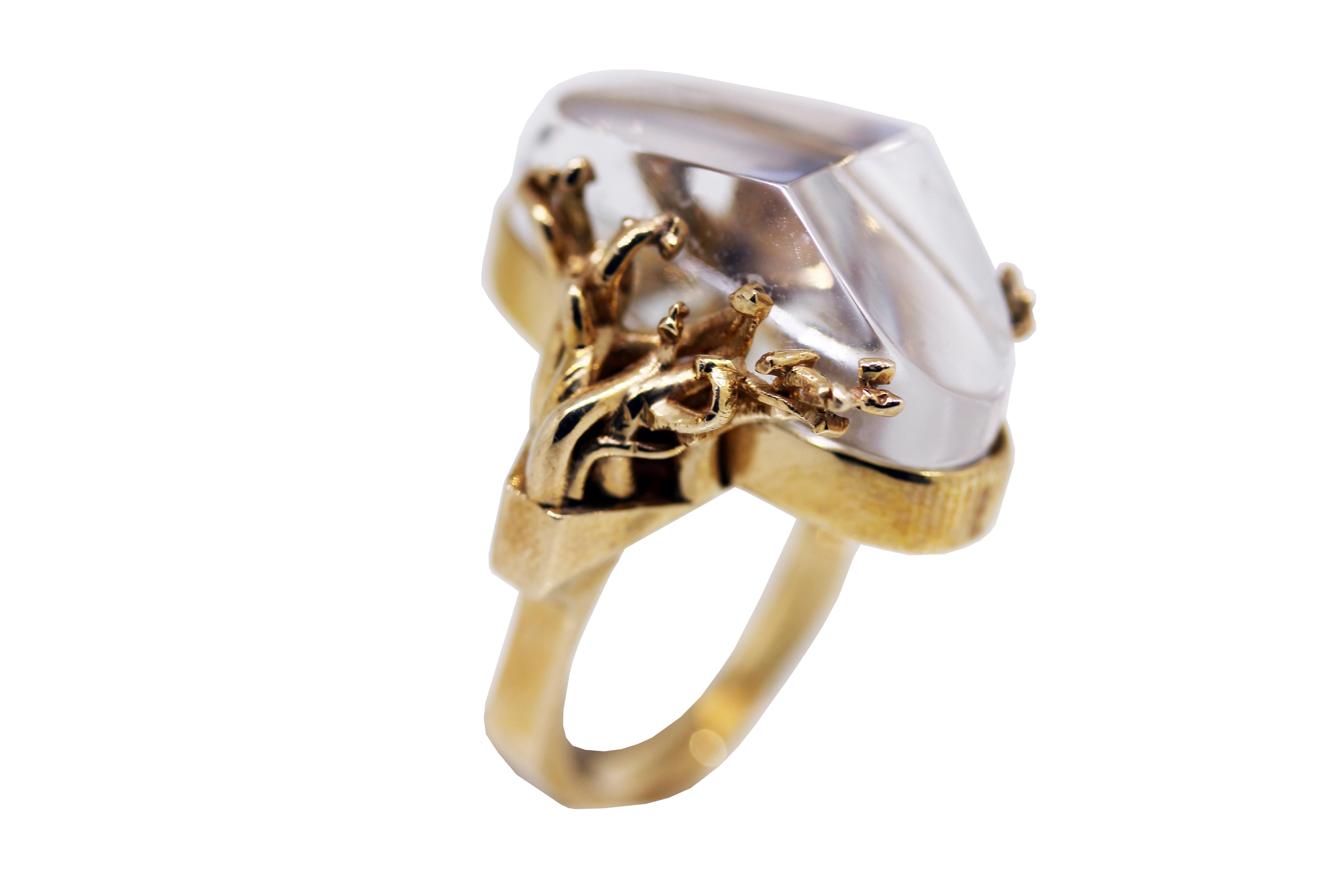 This modern handmade contemporary bronze ring, set with hand-carved rock crystal on top and natural dendric agate underneath is from MAIKO NAGAYAMA's Haute Couture Collection called 