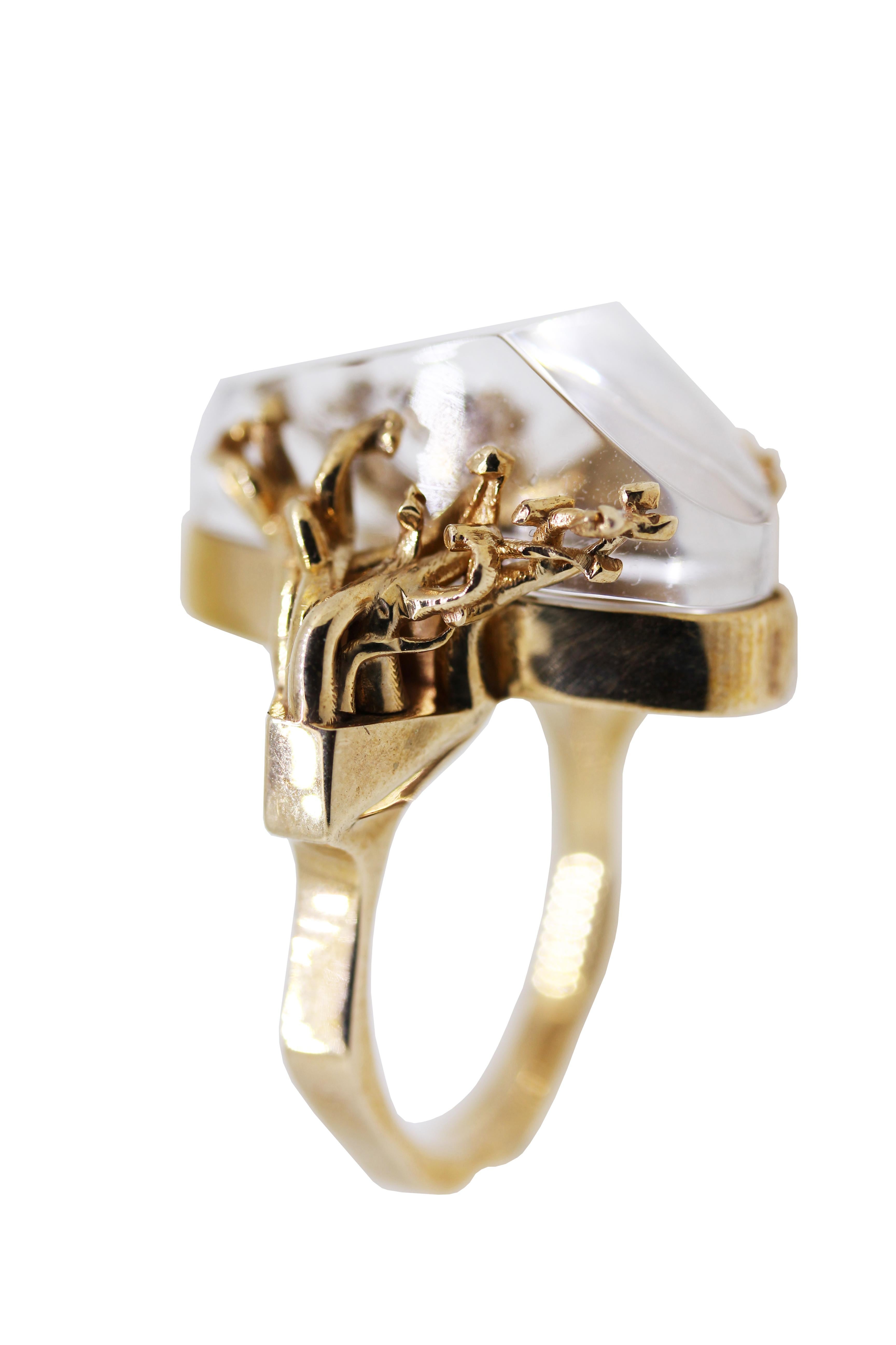 Oval Cut MAIKO NAGAYAMA Dendric Agate and Hand Carved Rock Crystal Contemporary Ring For Sale