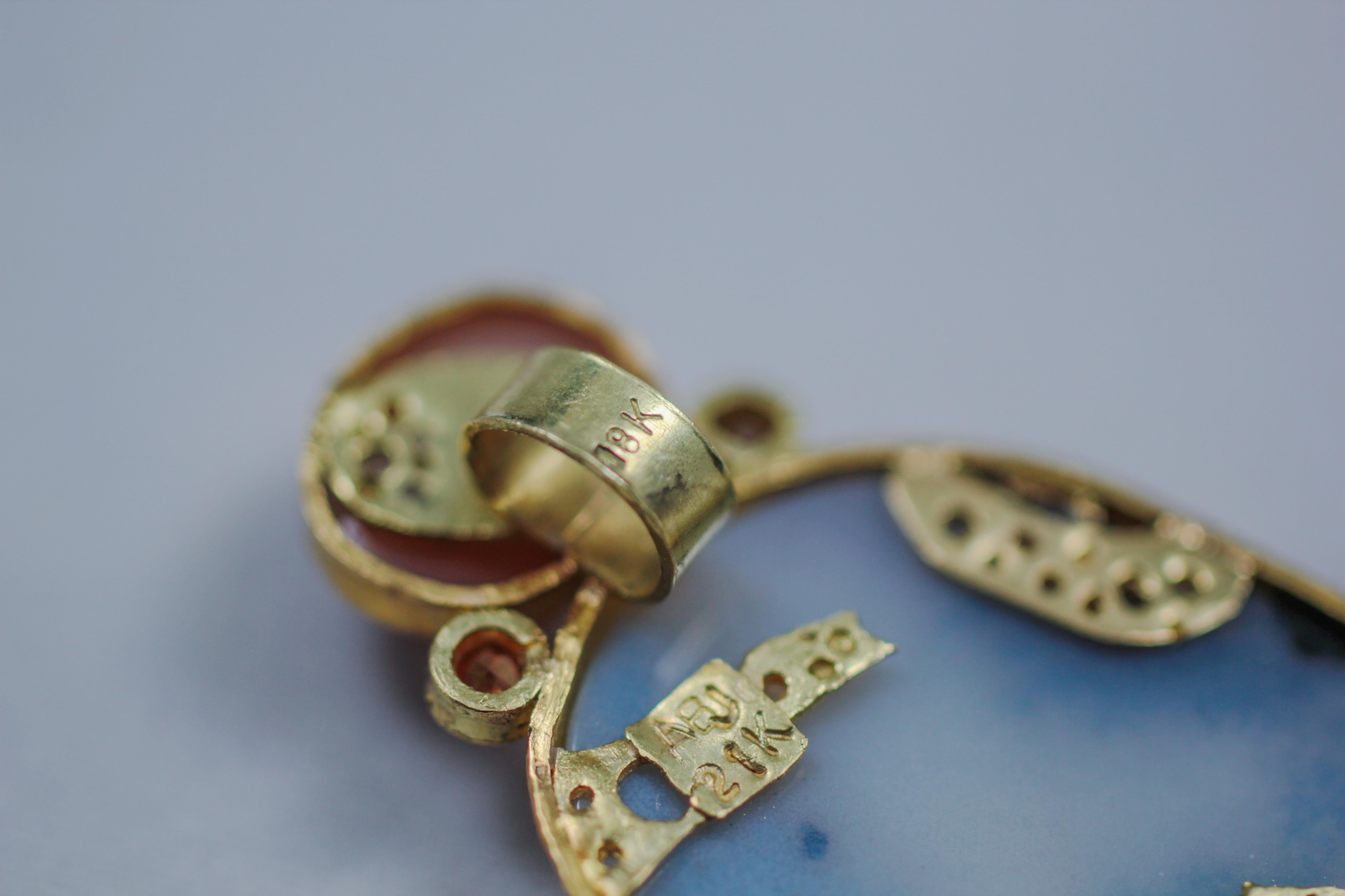 Oval Cut Dendrite Agate Moonstone Diamond 22K-21 Karat 18K Gold Pendant Choker Necklace