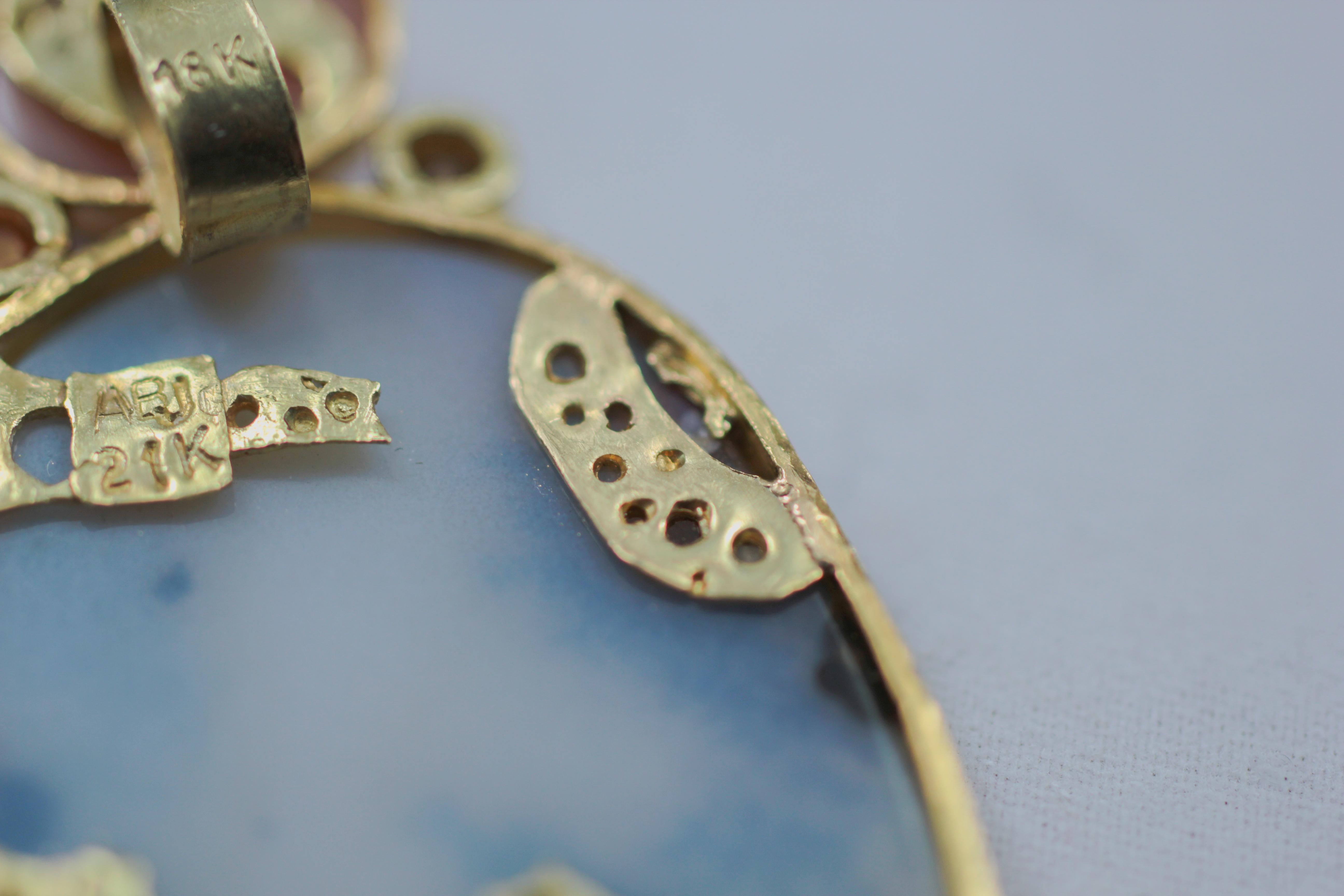 Dendrite Agate Moonstone Diamond 22K-21 Karat 18K Gold Pendant Choker Necklace In New Condition In New York, NY