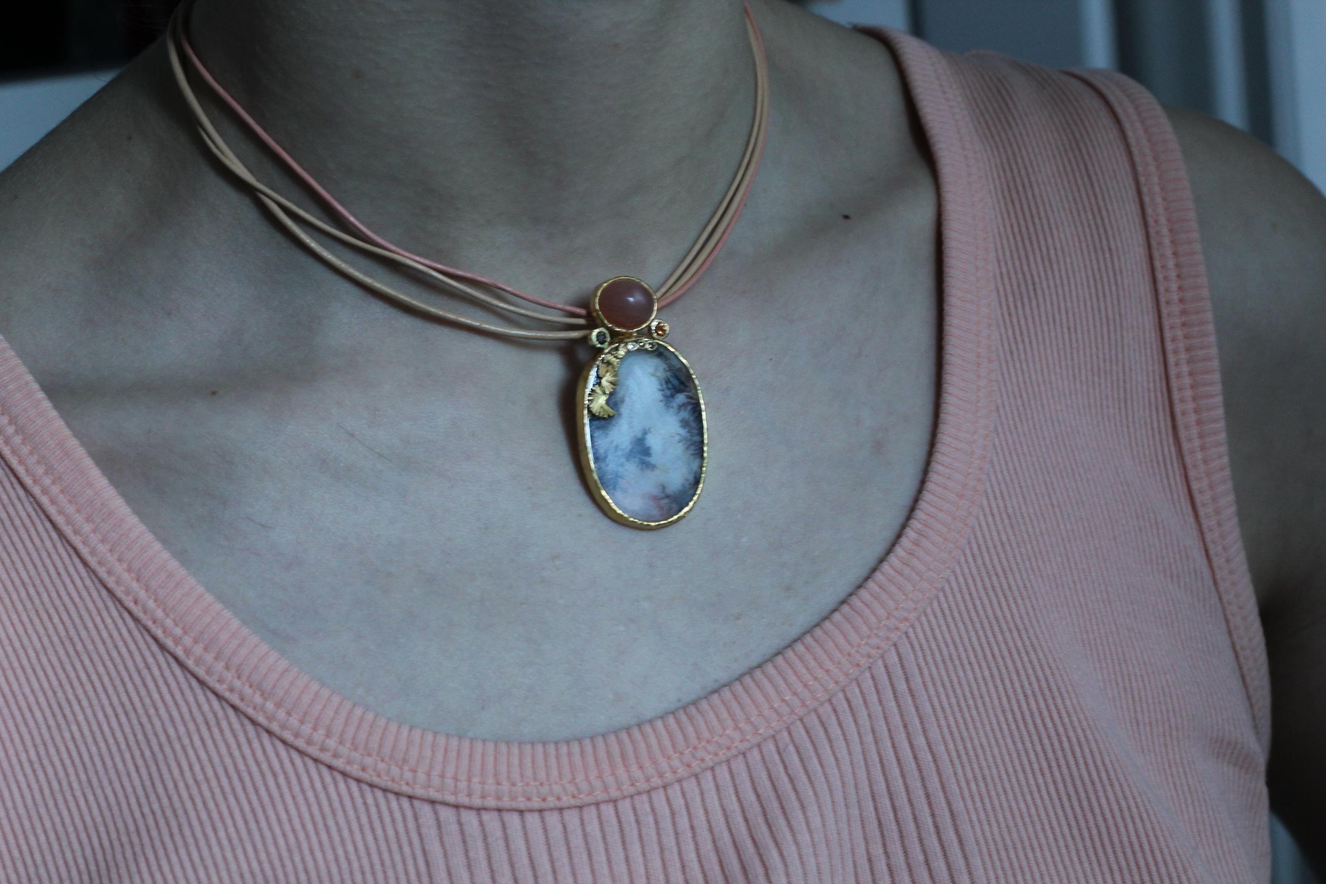 Dendrite Agate Moonstone Diamond 22k-21k 18k Gold Pendant Choker Necklace 7