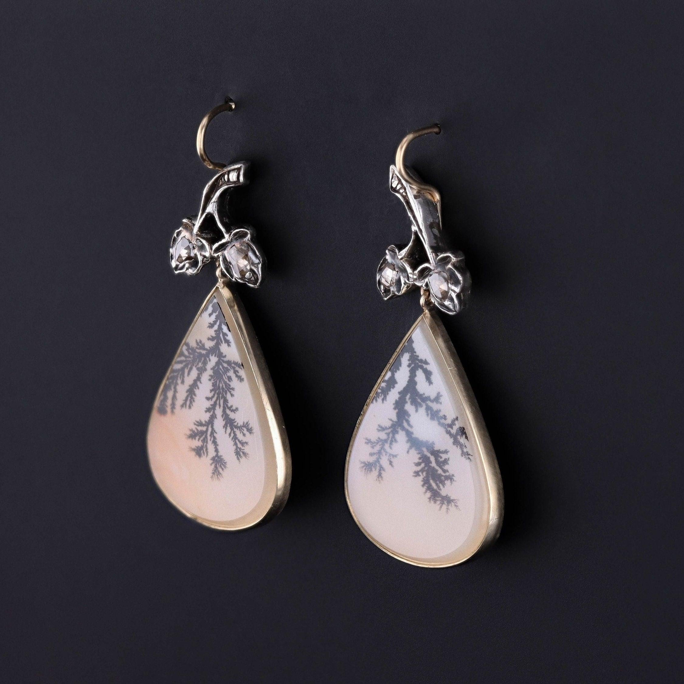 Victorian Dendritic Agate and Diamond Earrings of 14k Gold For Sale