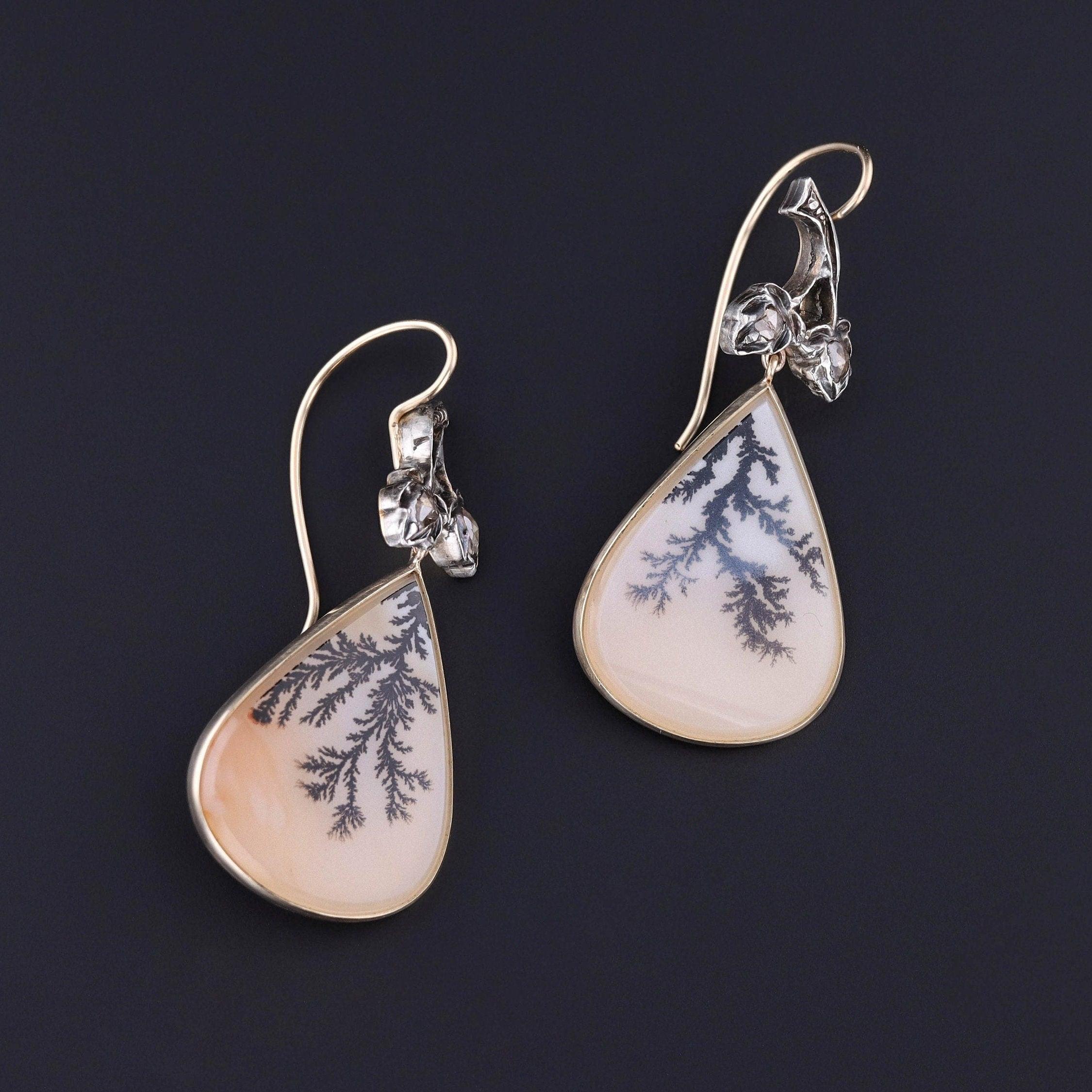 Rose Cut Dendritic Agate and Diamond Earrings of 14k Gold For Sale