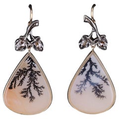Dendritic Agate and Diamond Earrings of 14k Gold