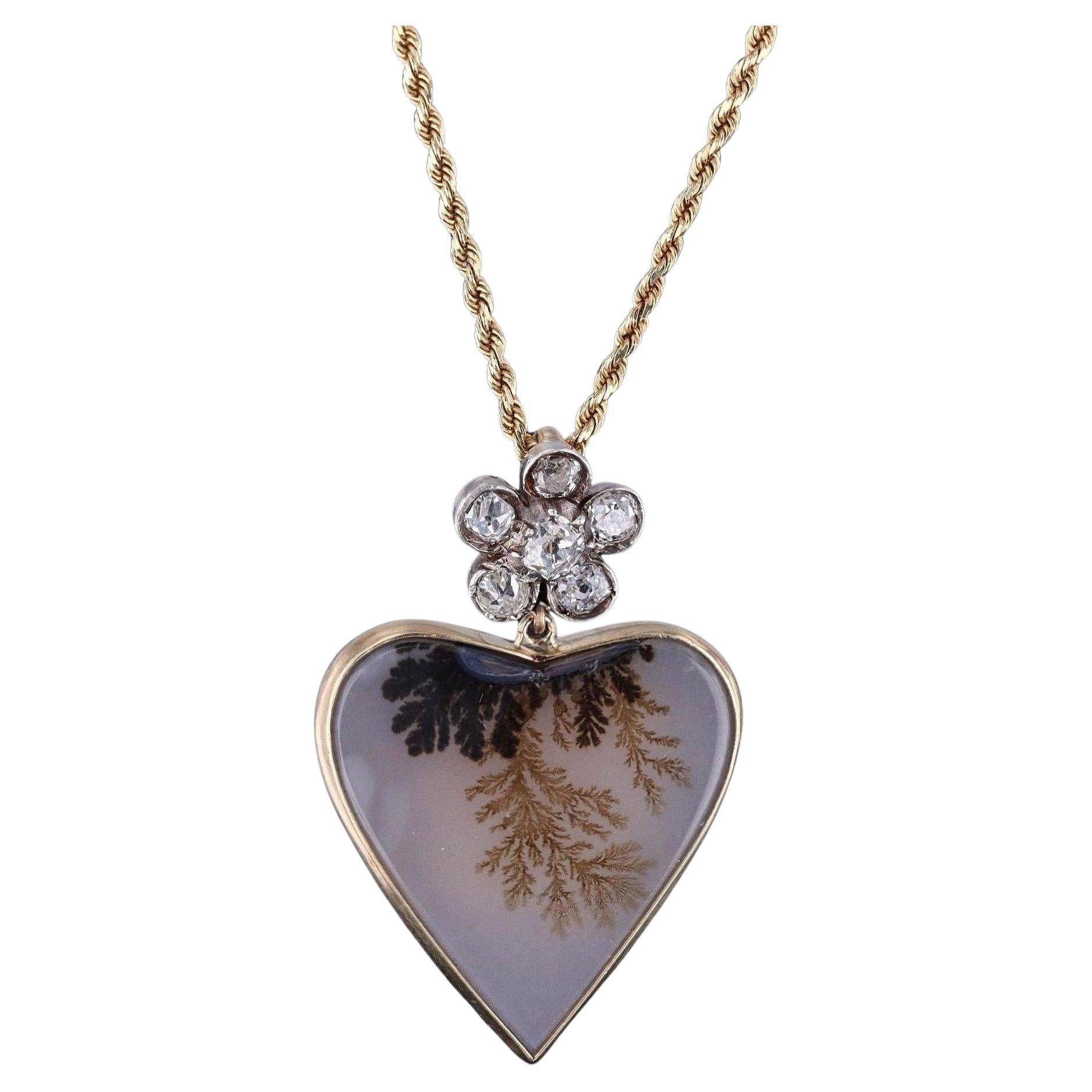 Dendritic Agate and Diamond Necklace of 14k Gold
