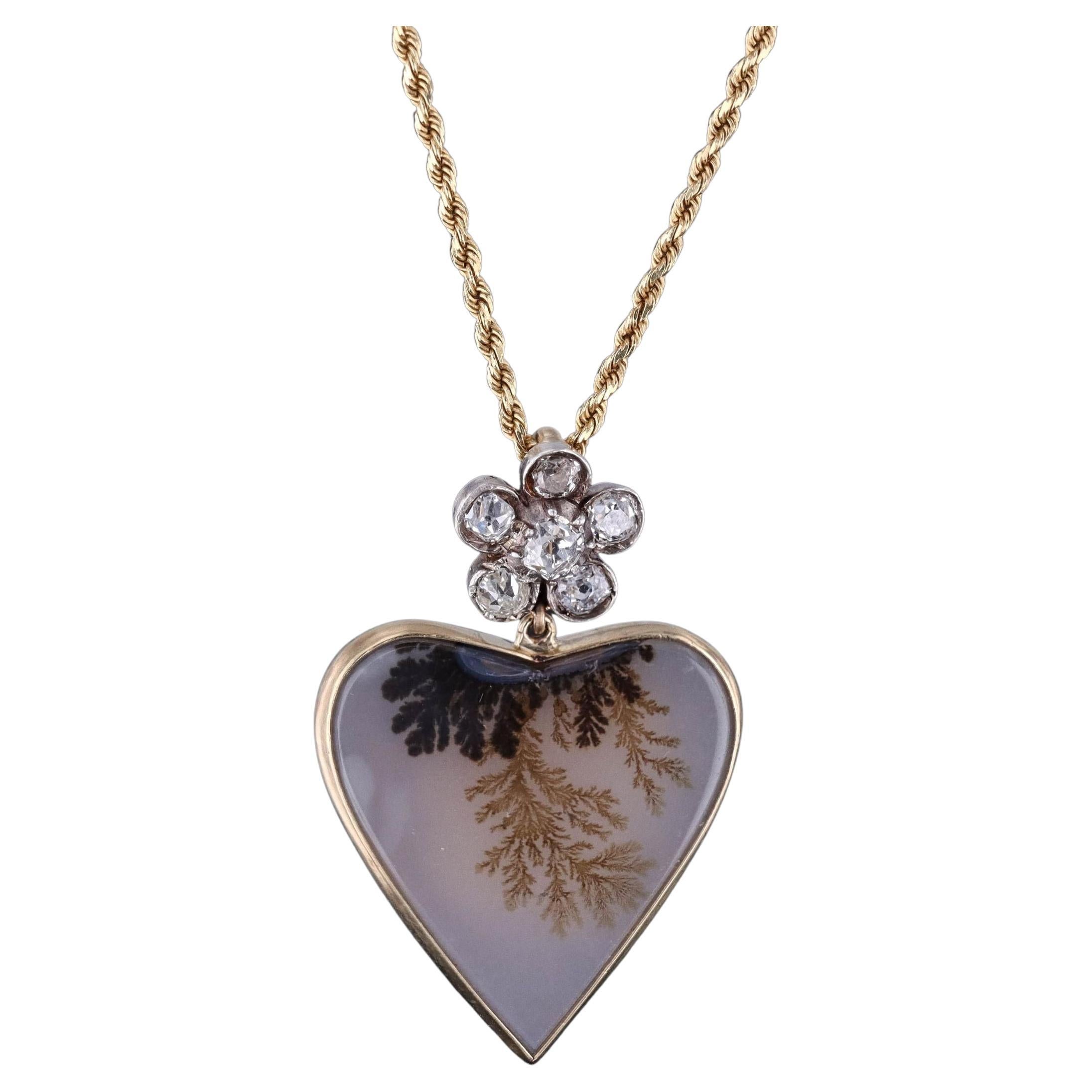 Dendritic Agate and Diamond Necklace of 14k Gold