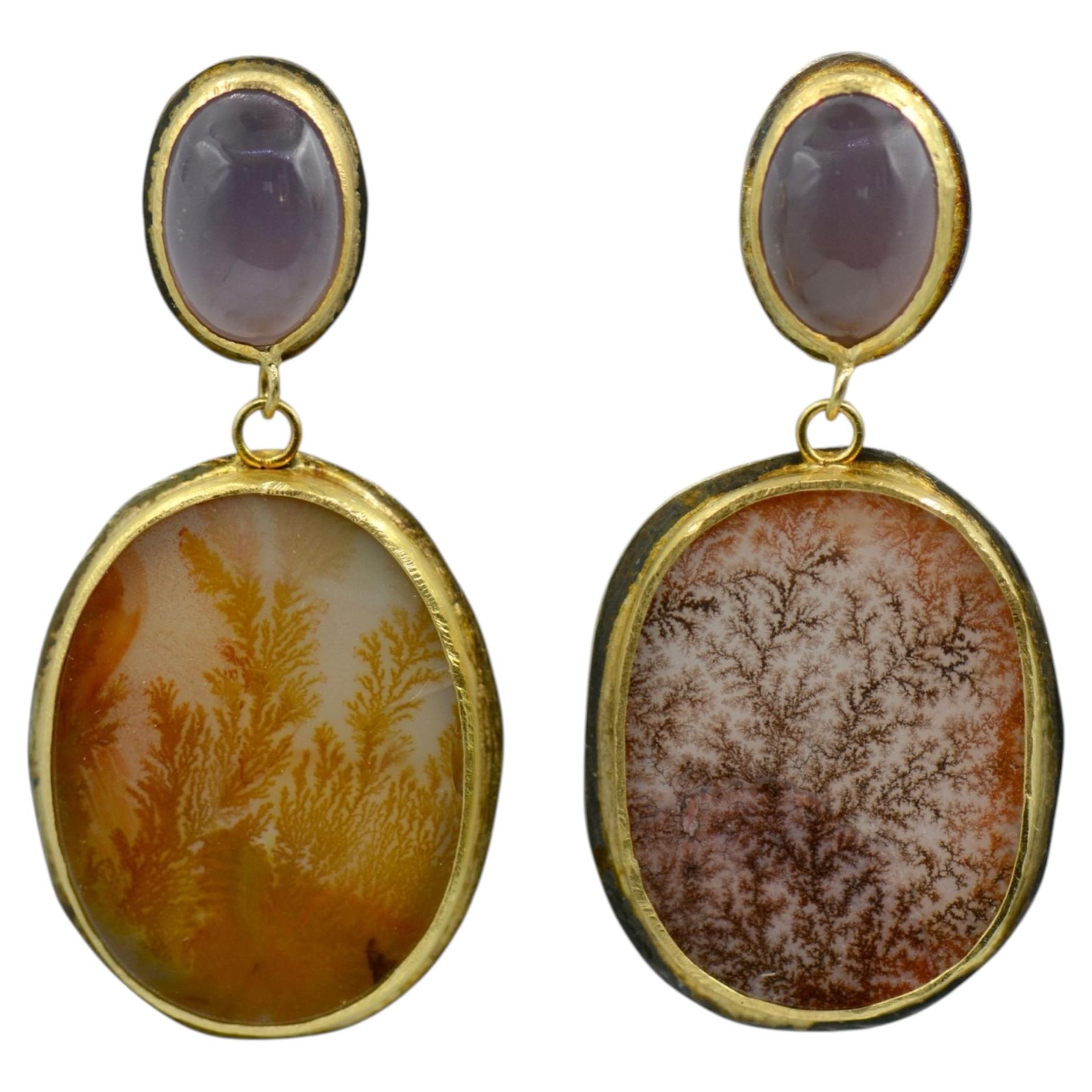 Artisan Dendritic Agate and Lilac Chalcedony Statement Earrings