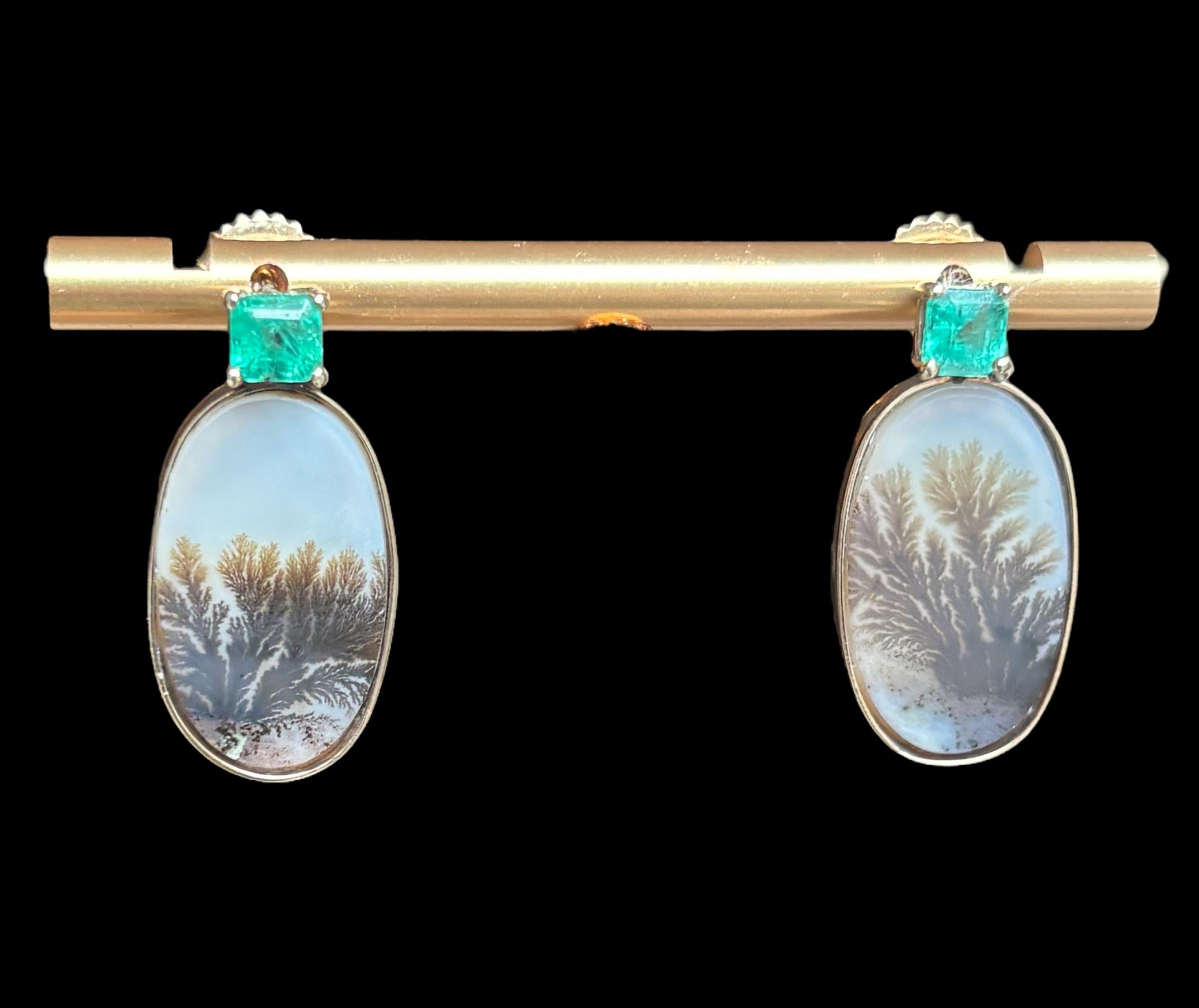 Mixed Cut DENDRITIC AGATE Earrings with Emeralds and 14k Gold For Sale