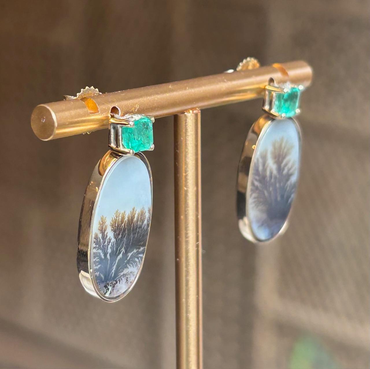 DENDRITIC AGATE Earrings with Emeralds and 14k Gold For Sale 1