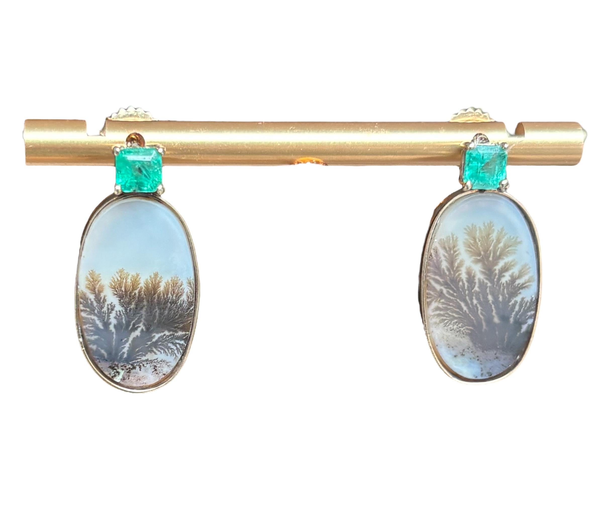 DENDRITIC AGATE Earrings with Emeralds and 14k Gold