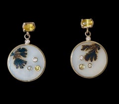 DENDRITIC AGATE EARRINGS, with Yellow Sapphires, Diamonds & 14k Gold