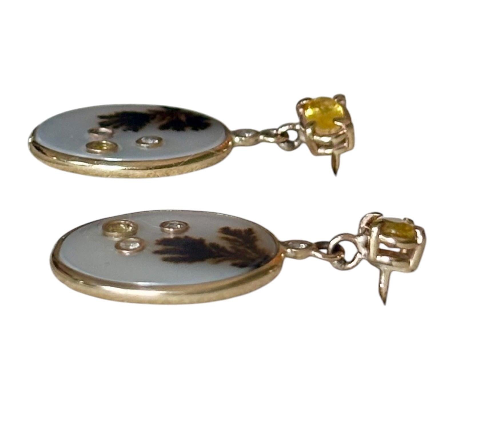 Contemporain EAURES DENDRITIC AGATE, avec saphirs jaunes, diamants et or 14 carats en vente