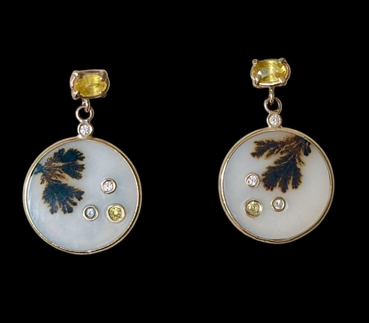 EAURES DENDRITIC AGATE, avec saphirs jaunes, diamants et or 14 carats Neuf - En vente à New York, NY