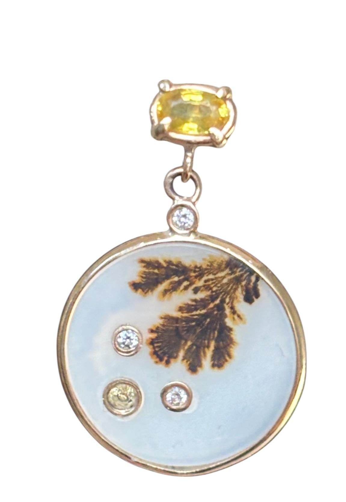 EAURES DENDRITIC AGATE, avec saphirs jaunes, diamants et or 14 carats en vente 3