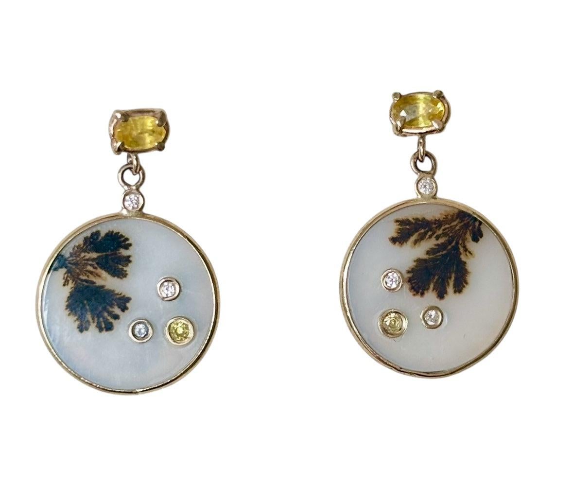 DENDRITIC AGATE EARRINGS, with Yellow Sapphires, Diamonds & 14k Gold