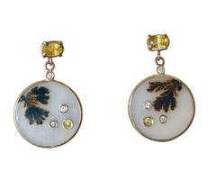 DENDRITIC AGATE EARRINGS, with Yellow Sapphires, Diamonds & 14k Gold