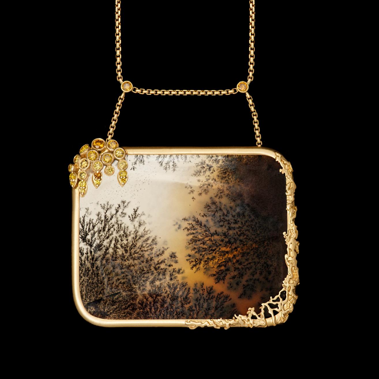 Artisan Dendritic Agate, Fancy Colored Canary Diamond and 18 Karat Gold Pendant Necklace For Sale