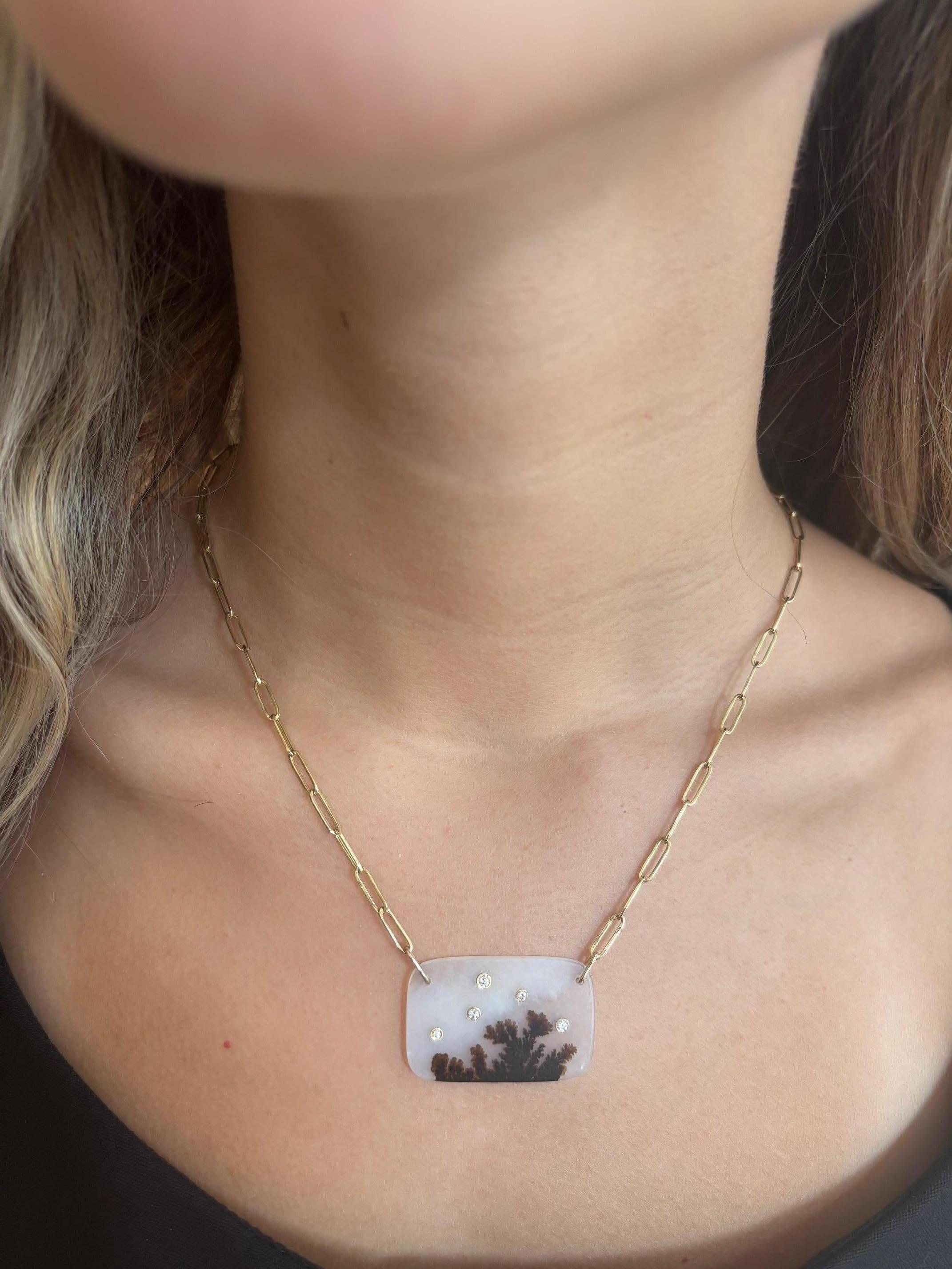 Collana di agata dendritica con diamanti su una catena paperclip in oro 14k in vendita 6