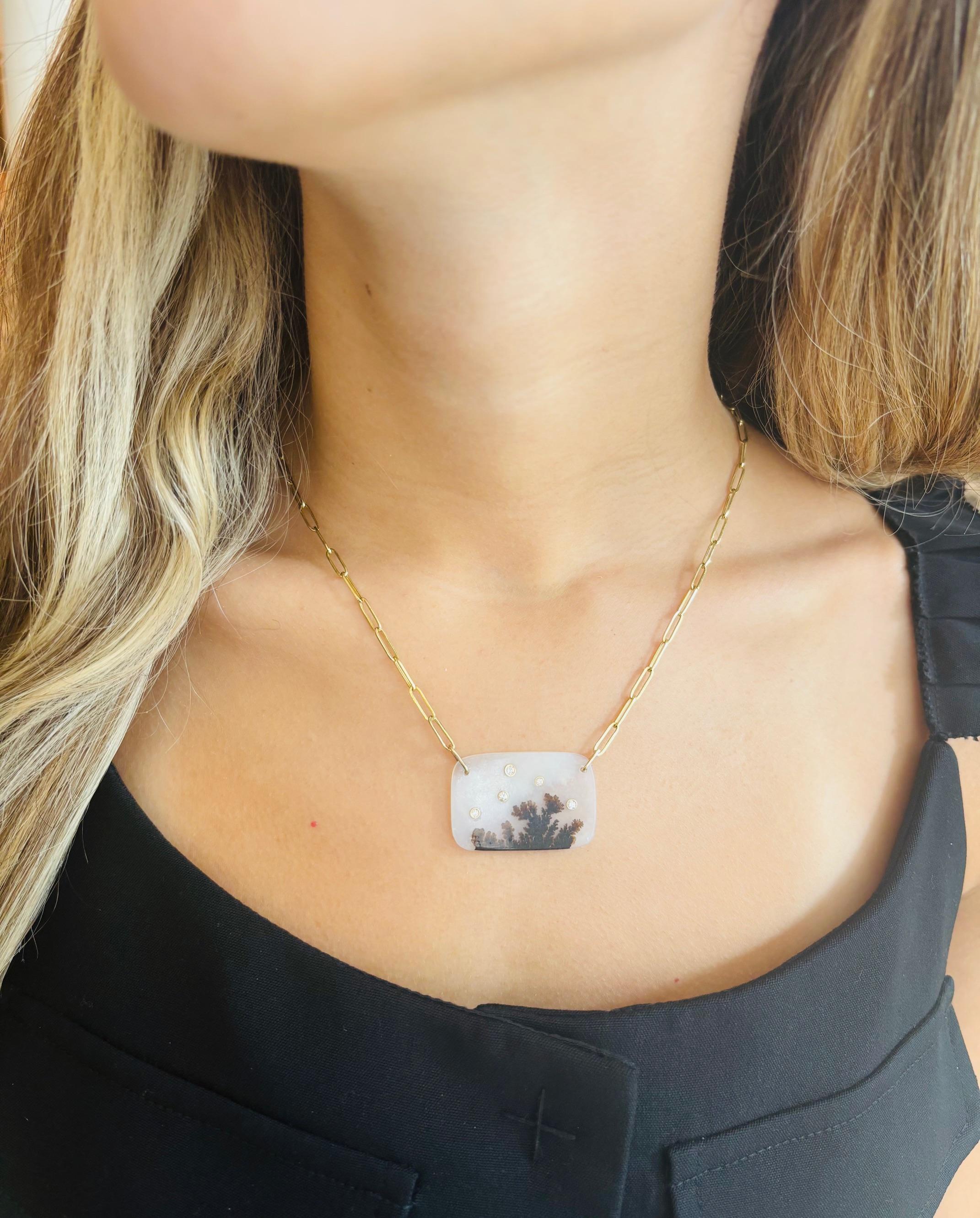 Dendritische Achat-Halskette mit Diamanten an einer 14k Gold-Büroklammerkette (Gemischter Schliff) im Angebot