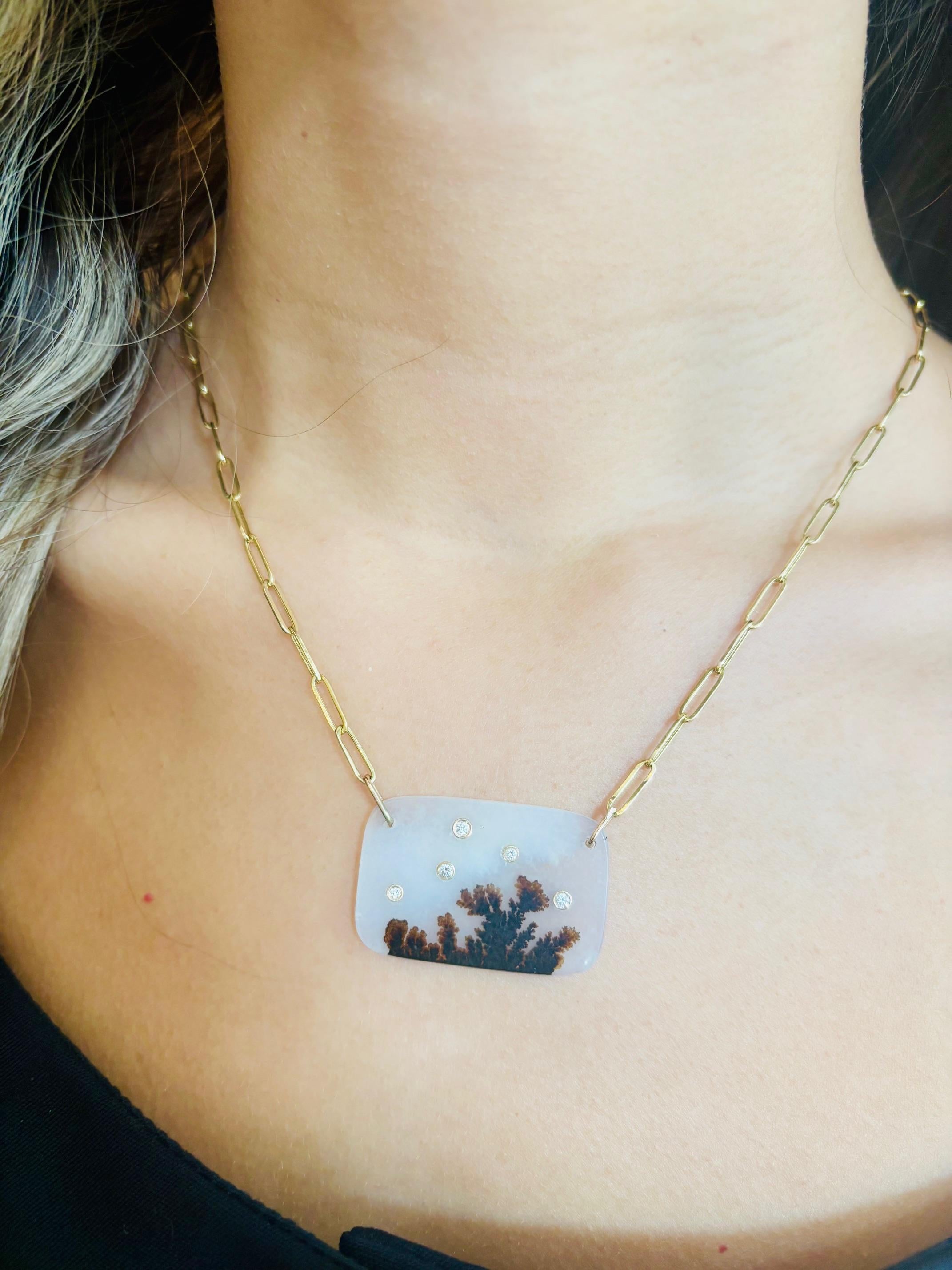 da uomo o donna Collana di agata dendritica con diamanti su una catena di graffette in vendita