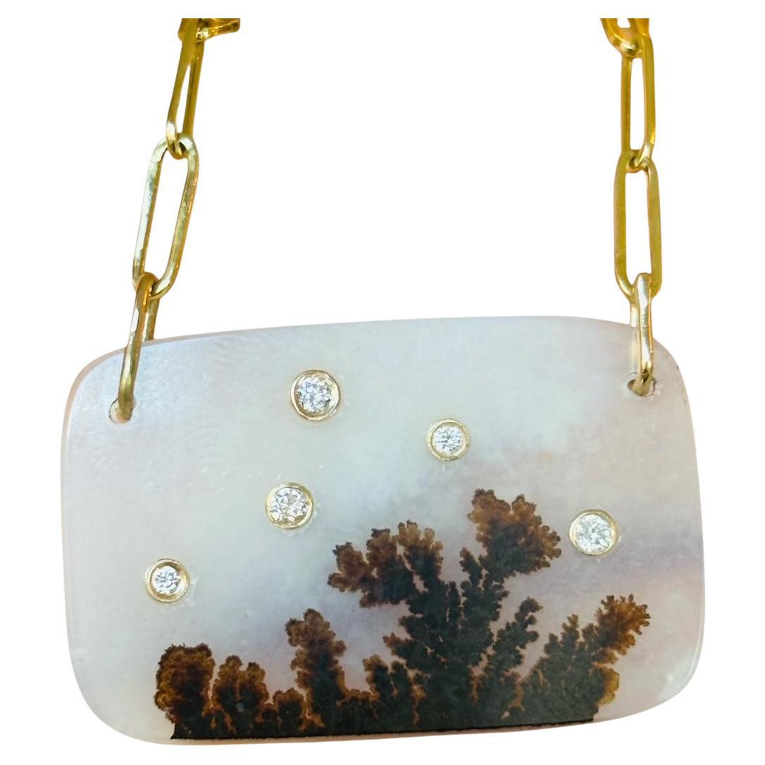 Dendritic Agate Necklace with Diamonds on a Paperclip Chain