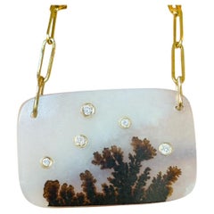 Dendritic Agate Necklace with Diamonds on a Paperclip Chain
