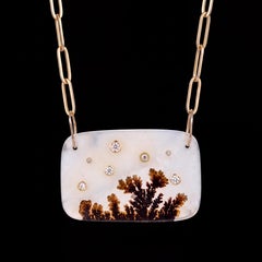 Dendritic Agate Necklace with Diamonds on Paperclip Chain, 14k Gold