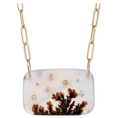 Dendritic Agate Necklace with Diamonds on Paperclip Chain, 14k Gold