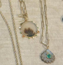 Dendritic Agate Pendant: Diamonds, Emeralds, Mandarin Garnets & 14k Gold