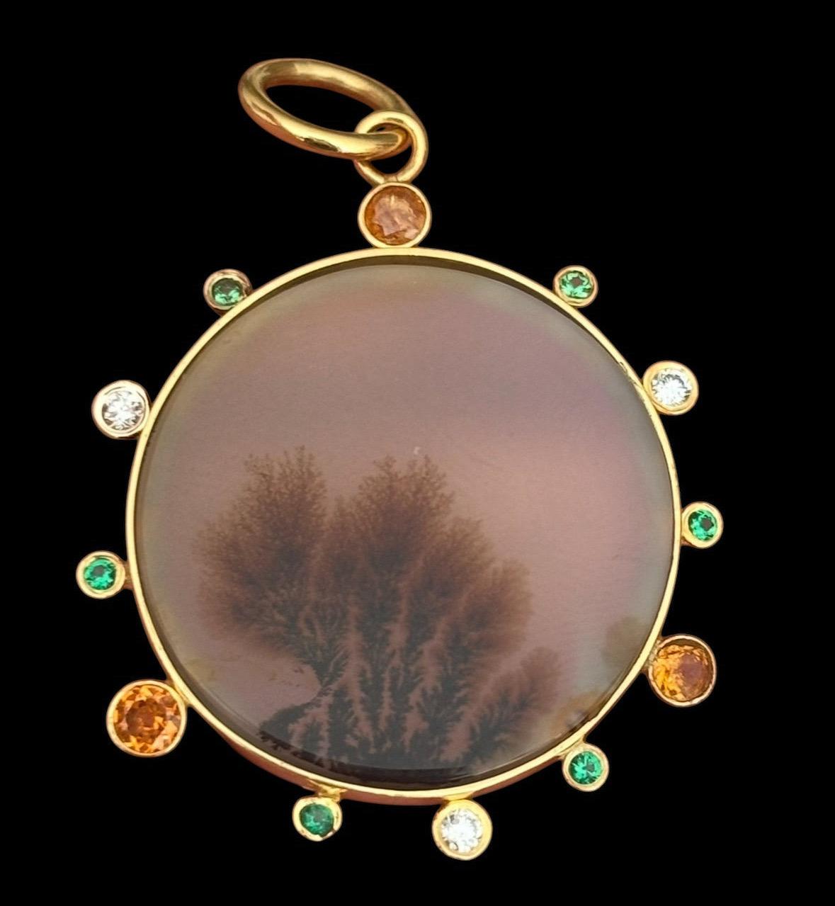 Pendentif en agate dendritique : Diamants, émeraudes, grenats mandarins et or 14k en vente 2