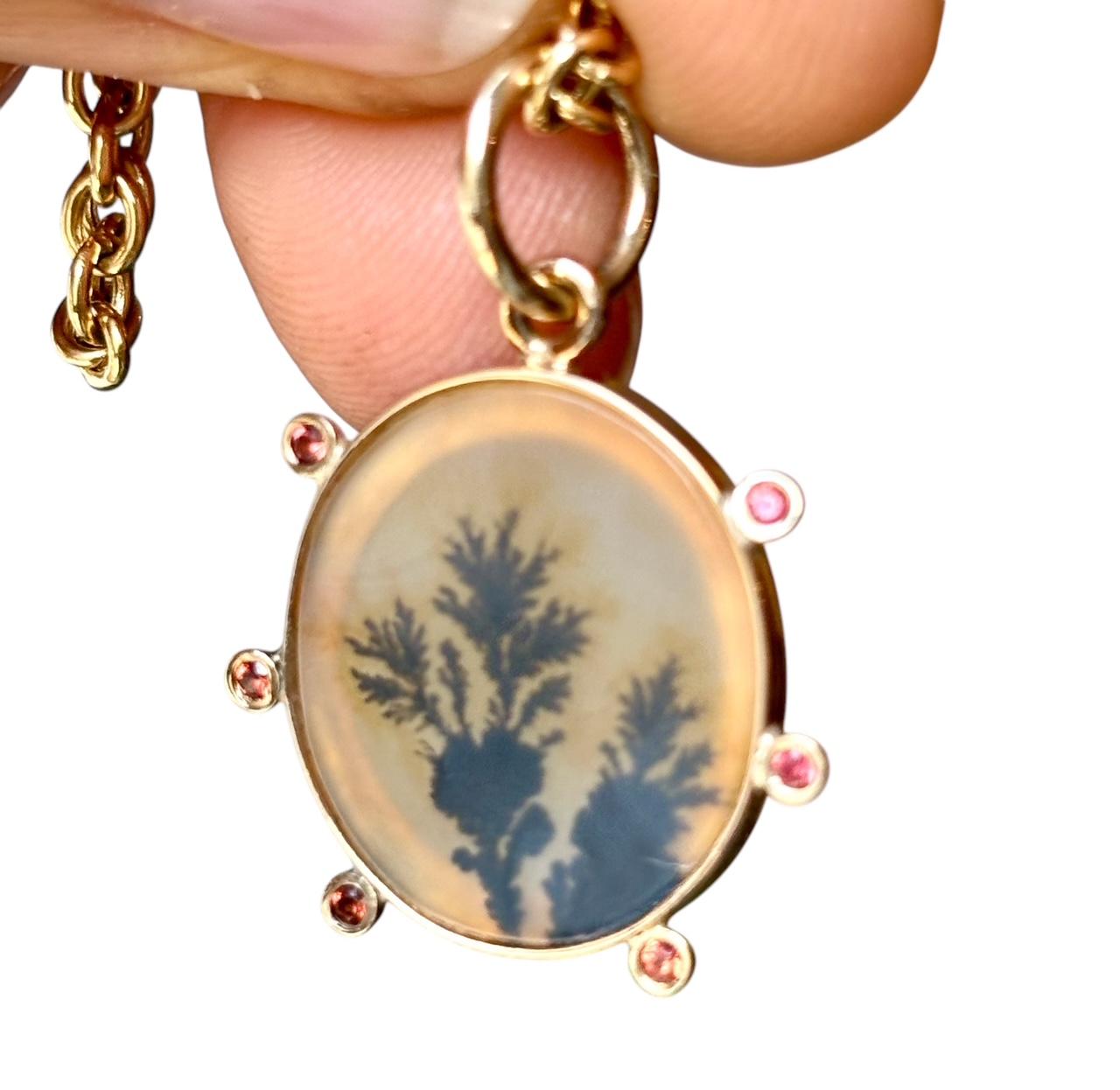 Ciondolo in AGATA DENDRITICA, con zaffiri rosa intenso e oro 14k, HALO in vendita 6