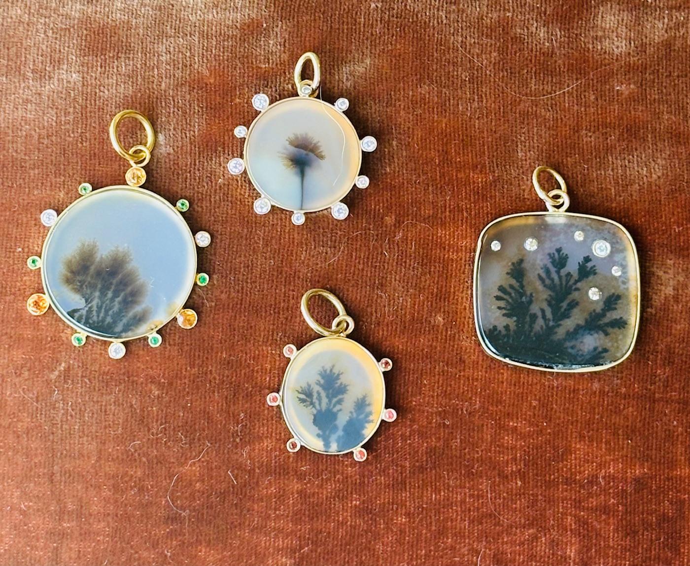 Ciondolo in AGATA DENDRITICA, con zaffiri rosa intenso e oro 14k, HALO in vendita 1