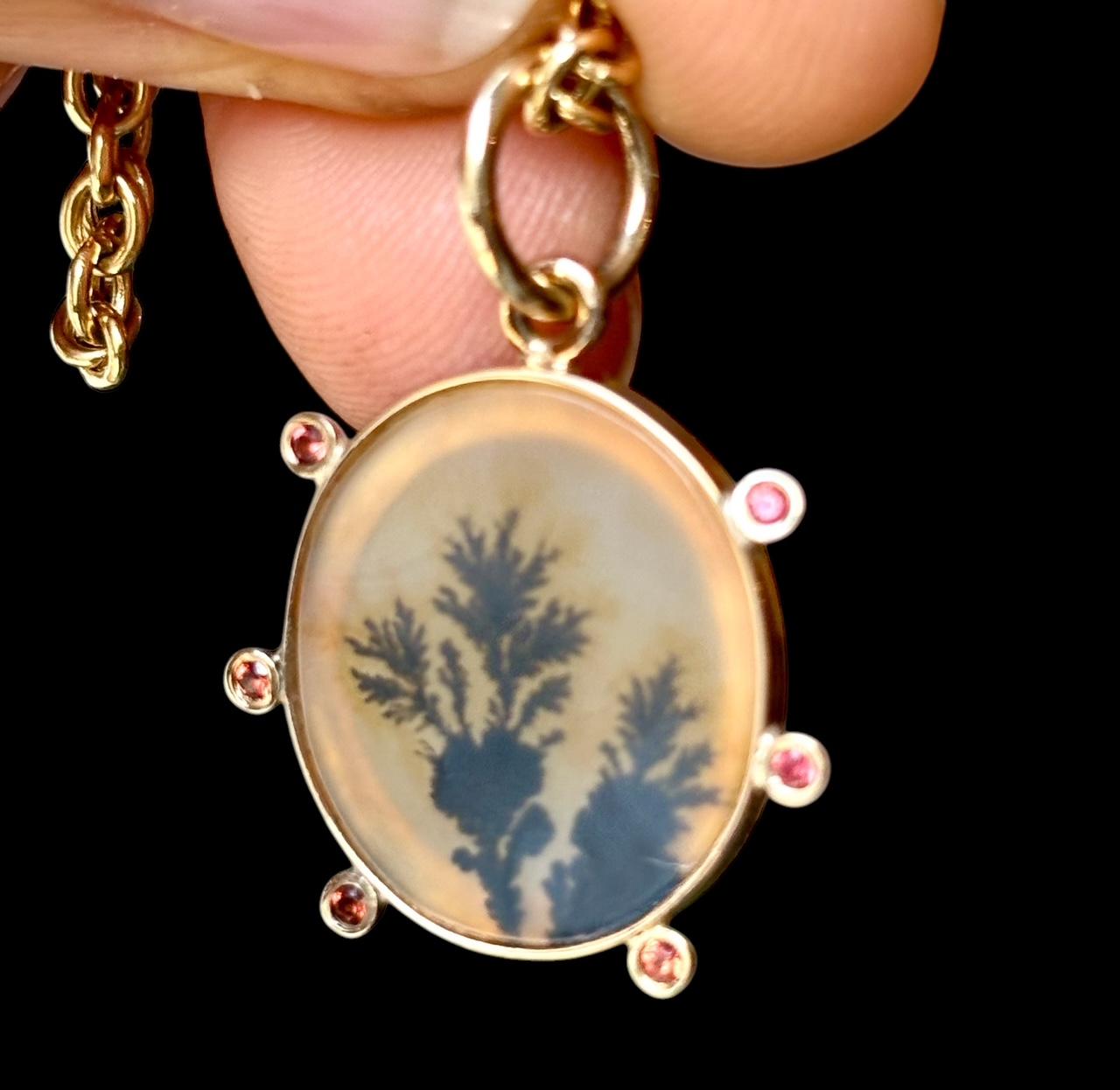 Ciondolo in AGATA DENDRITICA, con zaffiri rosa intenso e oro 14k, HALO in vendita 4