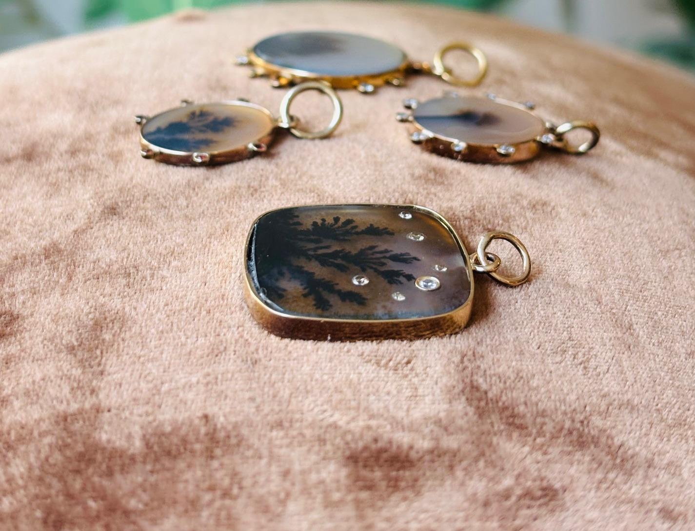 Ciondolo in AGATA DENDRITICA, con zaffiri rosa intenso e oro 14k, HALO in vendita 5