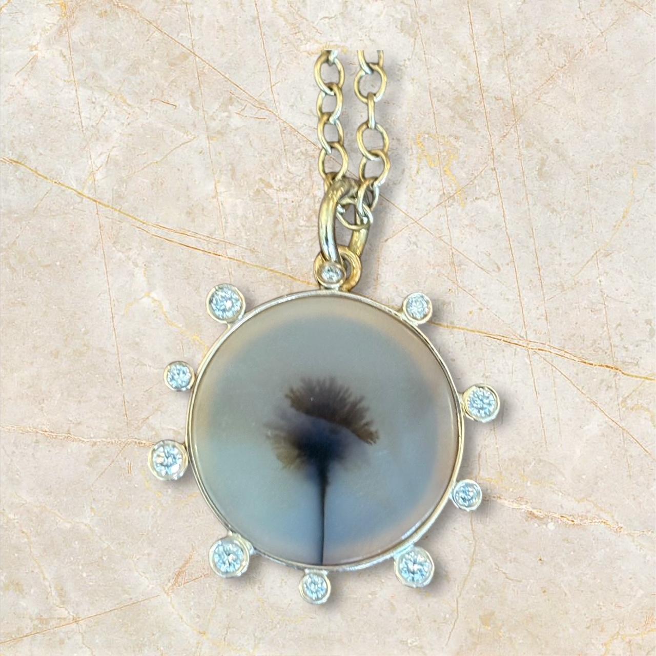 Pendentif DENDRITIC AGATE, avec diamants et or 14 carats en vente 1