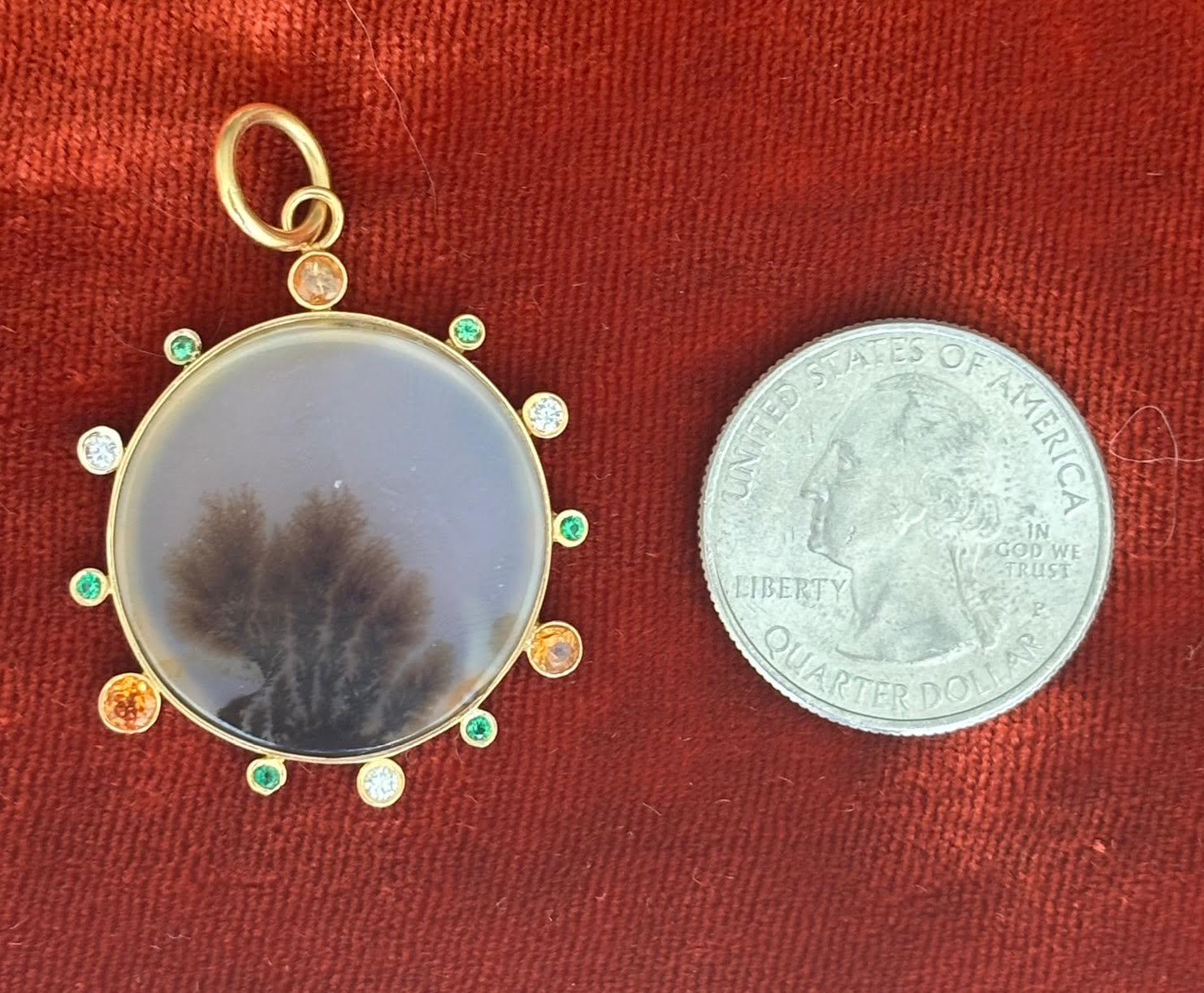 Pendentif DENDRITIC AGATE, avec diamants, émeraudes, grenats mandarins et or 14 carats Unisexe en vente