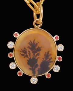 Dendritic Agate Pendant with Diamonds, Sapphires & 14k Gold