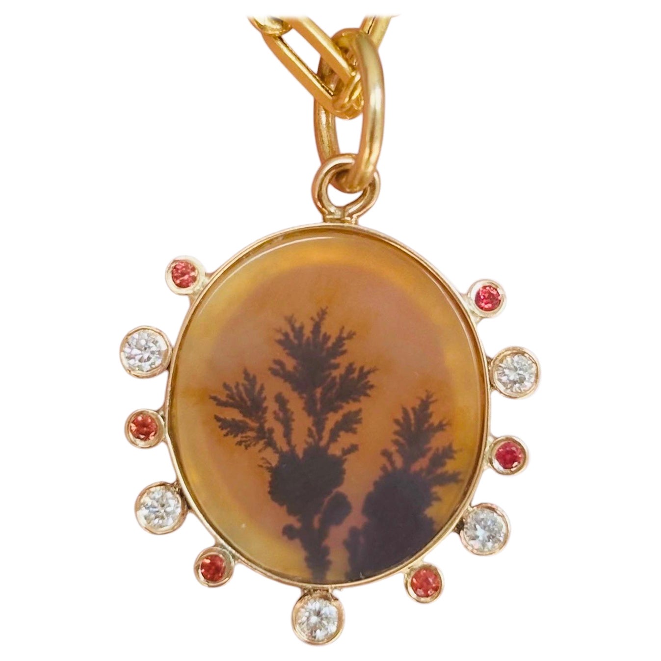 Colgante de Ágata Dendrítica con Diamantes, Zafiros y Oro de 14k en venta