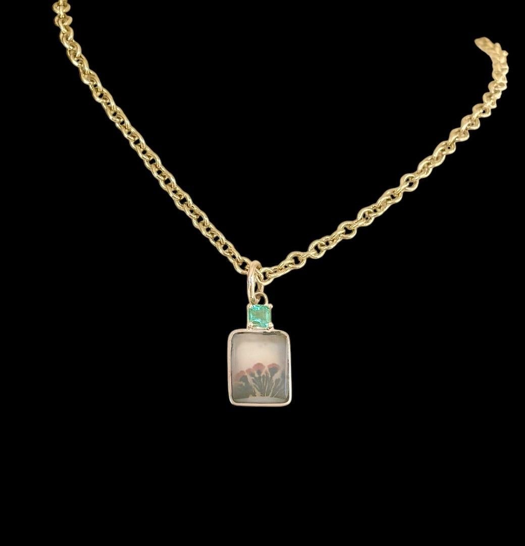 Pendentif DENDRItic AGATE avec émeraude et or 14 carats en vente 7