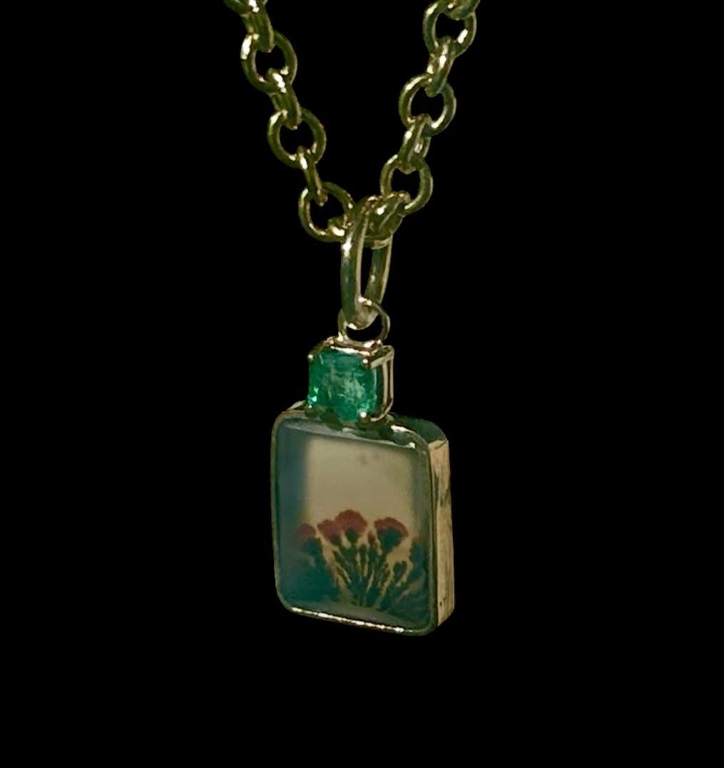 Pendentif DENDRItic AGATE avec émeraude et or 14 carats en vente 2