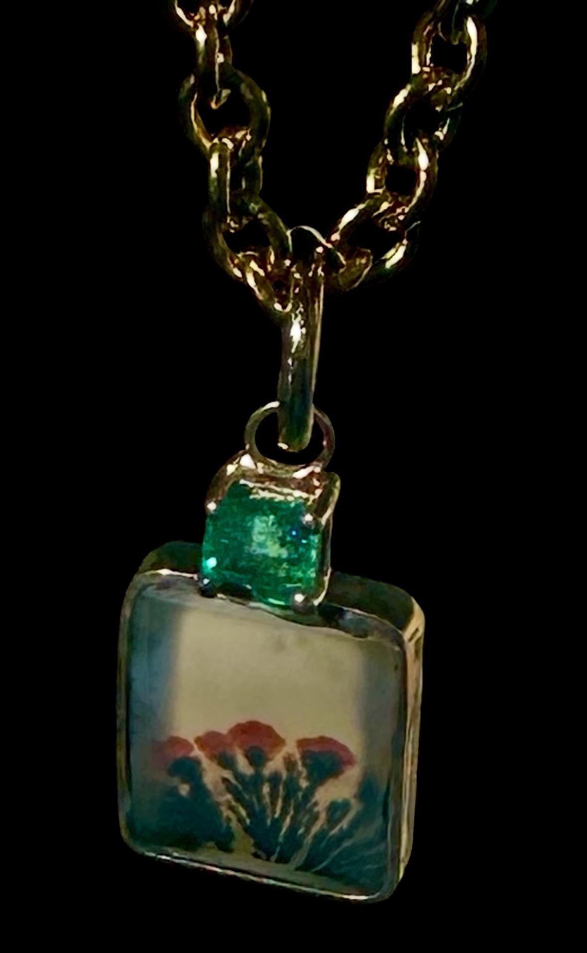 Pendentif DENDRItic AGATE avec émeraude et or 14 carats en vente 3