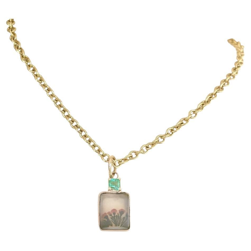 DENDRITIC AGATE PENDANT with Emerald and 14k Gold