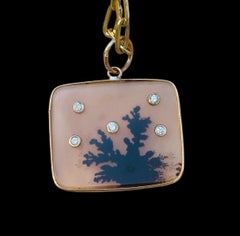 Dendritic Agate Pendant with Five Diamonds & 14k Gold