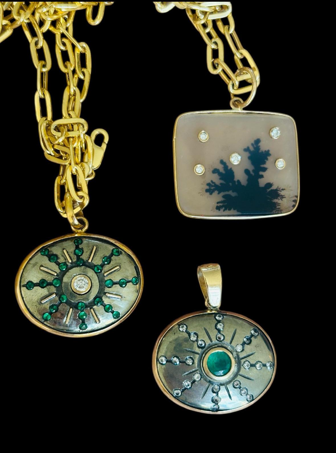 Pendentif en agate dendritique avec cinq diamants et or 14k Neuf - En vente à New York, NY