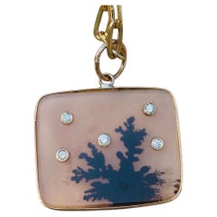 Dendritic Agate Pendant with Five Diamonds & 14k Gold