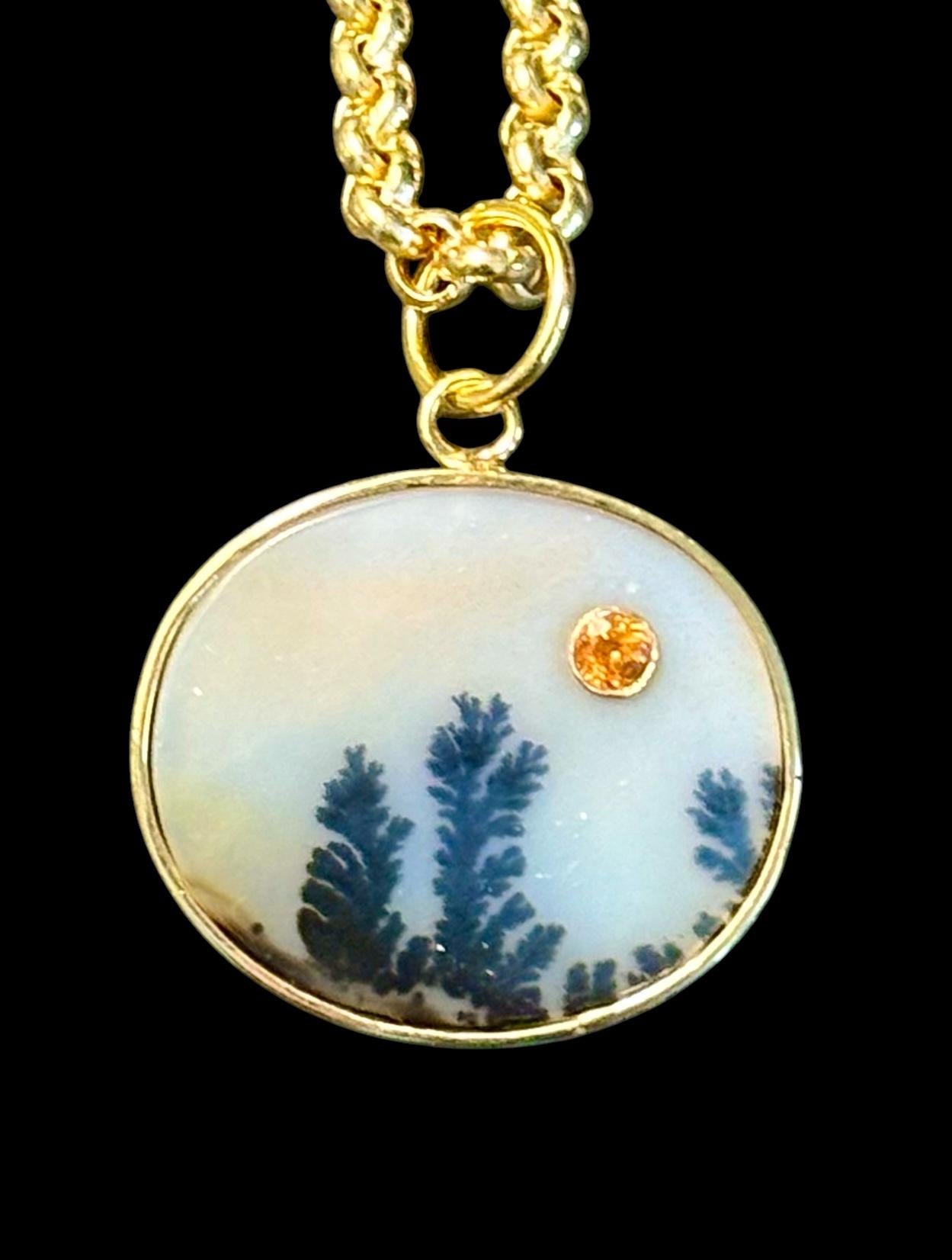 Pendentif en agate dendritique

Agate dendritique, grenat mandarin, or 14k

L'agate dendritique est une rareté recherchée qui présente des inclusions en forme de branches. D'un seul coup d'œil, il n'est pas difficile de comprendre pourquoi cette