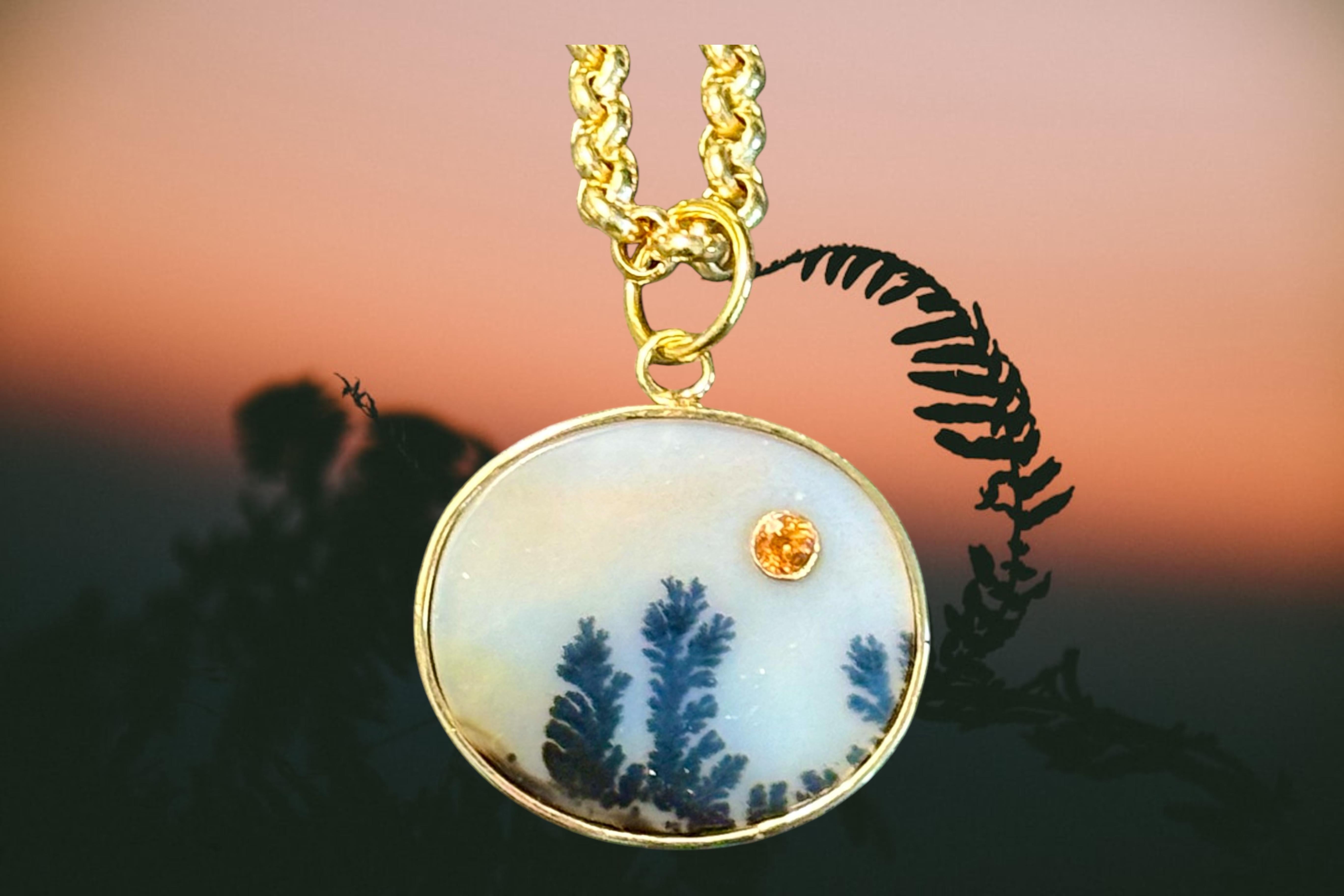 Pendentif DENDRITIC AGATE avec grenat MANDARIN et or 14 carats Neuf - En vente à New York, NY