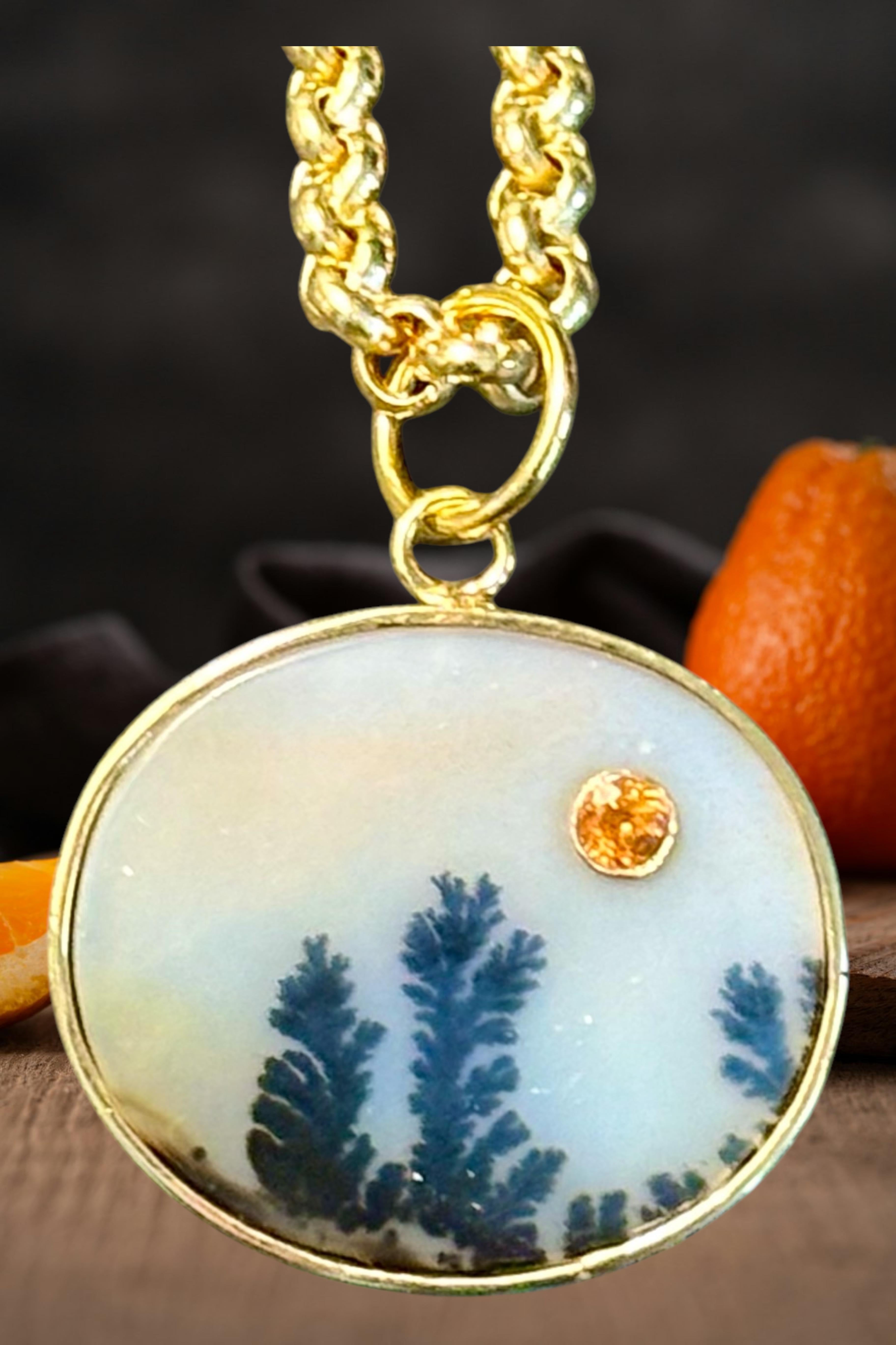 Pendentif DENDRITIC AGATE avec grenat MANDARIN et or 14 carats en vente 3